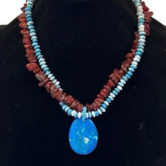 Vintage Hawaiian Vacation Necklace Women's Blue Red Double Strand Beaded Chips - Picture 1 of 6
